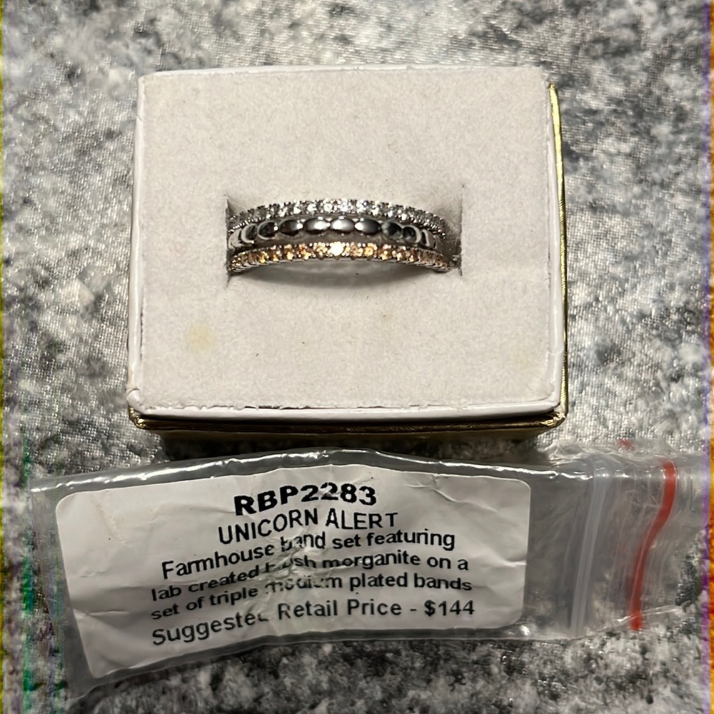 RBP2283 Unicorn- Farmhouse Brush Morganite on Rhodium Plate Bands Size 8